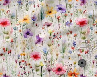 Watercolor Floral Cotton 100%, Eco-print, Printed Cotton Fabric Watercolor Meadow Fabric, High Quality By The Yard Metre Width 150cm /60&quot;