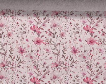 Linen fabric 100%, Floral Pattern, Wildflowers, Beige in melange, Softened linen for sewing By The Yard Metre Width 150cm /60"