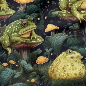 May include: A whimsical pattern featuring green frogs with purple eyes, resting on mushroom caps. The design includes various mushrooms and lush green foliage against a dark background, creating a fantasy forest theme.