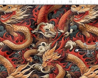 Tela de algodón 100% con estampado de dragones chinos, ecoimpresa, de alta calidad, cortada a medida, ancho de 150 cm (60").
