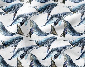 Whale and waves Cotton Fabric 100%, Eco-print, Printed Cotton Fabric, Watercolor Sea Fabric, High Quality By The Yard Metre Width 150cm /60"