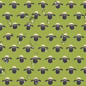 May include: A repeating pattern of cartoon sheep with black bodies and white woolly heads on a green background. Water droplets are scattered across the surface, adding a textured effect. The sheep are evenly spaced.