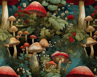 Forest Cotton Fabric: Eco-Print Mushrooms Fabric, High Quality Sewing Material, By The Yard Metre 150cm /60" Wide