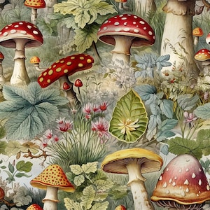 Puede incluir: Patrón repetitivo de varias setas en un entorno forestal. Las setas tienen sombreros rojos con puntos blancos, sombreros amarillos y tallos marrones. También se ven hojas verdes y pequeñas flores rosas.