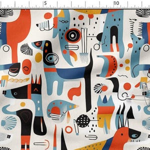 May include: Fabric featuring a playful dog pattern in orange, blue, black, and yellow on a white backdrop. The dogs are depicted with abstract shapes. The fabric is measured in centimetres.