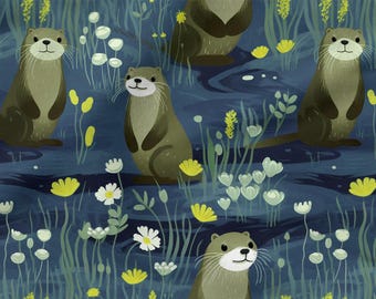 Friendly Otter Cotton 100%, Eco-print, Printed Cotton Fabric, Friendly Otters Fabric, High Quality, By The Yard Metre Width 150cm /60"