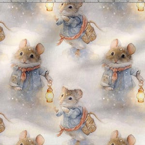 May include: Watercolor pattern featuring adorable mice in blue jackets, red scarves, and carrying lanterns and backpacks. The mice are set against a snowy, cloudy background, creating a whimsical and charming design.