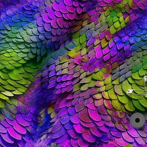 May include: An abstract pattern with overlapping, scale-like shapes in green, blue, purple, and pink. The design resembles dragon scales or a fantasy theme. A few safety pins and a gear are visible.