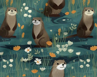 Friendly Otter Cotton 100%, Eco-print, Printed Cotton Fabric, Friendly Otters Fabric, High Quality, By The Yard Metre Width 150cm /60"