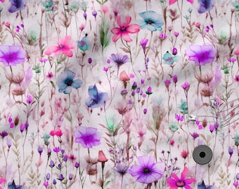 Watercolor Floral Cotton 100%, Eco-print, Printed Cotton Fabric Watercolor Meadow Fabric, High Quality By The Yard Metre Width 150cm /60"