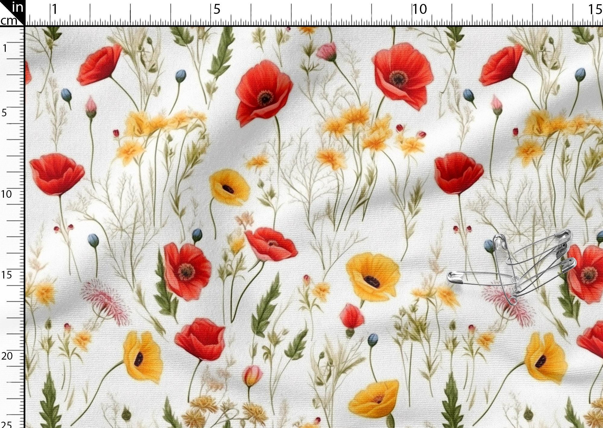 Poppies Meadow Cotton 100%, Eco-print, Printed Cotton Fabric Poppy Flowers Fabric, High Quality By The Yard Metre Width 150cm /60"