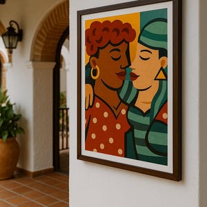 Impresión artística de pareja LGBTQ+, arte pop moderno y colorido de dos mujeres besándose, póster de amor audaz, decoración de pared del orgullo, ilustración queer para regalo del hogar