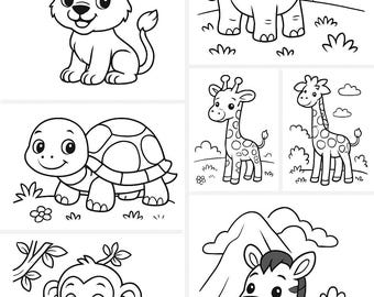Pode incluir: Um livro para colorir em preto e branco com vários animais, incluindo um leão, um elefante, uma tartaruga, uma girafa, um macaco e uma zebra. O livro tem o título "ANIMALS COLORING BOOK" no topo.