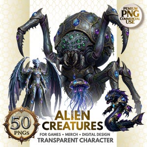 May include: Digital art featuring a collection of alien creatures. The image includes a large, armored spider-like creature, a winged humanoid, and a serpentine figure. The artwork is detailed with jewel accents and the text "ALIEN CREATURES" and "50 PNGS".