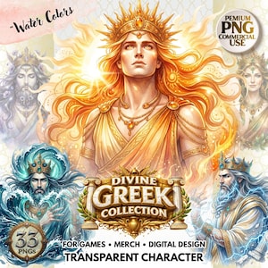 Divine Greek Collection: 33 akvarell olympiska gudar och gudinnor PNG-paket, mytisk fantasi, transparenta bakgrunder