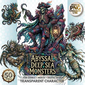 May include: Digital illustration featuring a skeletal pirate captain with a lantern, surrounded by various sea monsters. The artwork includes a seahorse, crab-like creature, and a mermaid. Text reads "Abyssal Deep Sea Monsters" and "50 PNGs".