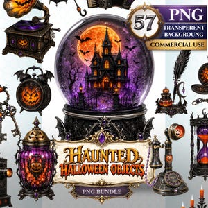 May include: A digital collection of 57 Halloween-themed objects including a snow globe with a haunted house, a pumpkin-faced alarm clock, a quill and ink set, a vintage telephone, an hourglass, and a jar, all featuring purple and orange accents.