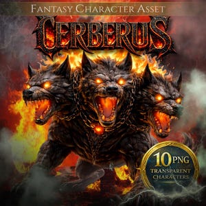 Cerberus Hell Guardian Fantasy Character PNG Set 10 Transparent Game Asset Dark Fire Monster