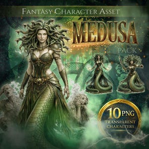 Medusa grekisk gud PNG karaktärstillgång Fantasy RPG havsgudom digital nedladdning