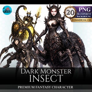 May include: Digital graphic set featuring dark fantasy insect characters with armour, including a spider-like figure and a scorpion-inspired warrior. The text reads DARK MONSTER INSECT PREMIUM FANTASY CHARACTER and 20 PNG TRANSPARENT BACKGROUND.