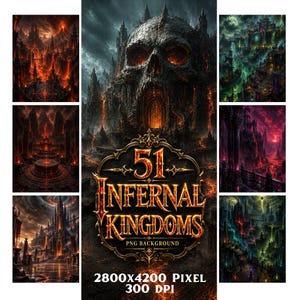 May include: A digital collection of 51 infernal kingdoms PNG backgrounds featuring dark fantasy landscapes with skulls, lava, gothic architecture, and glowing portals. The central text reads 51 INFERNAL KINGDOMS PNG BACKGROUND 2800X4200 PIXEL 300 DPI.