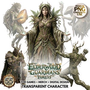 May include: Digital art featuring fantasy characters from the Elderwood Guardians Forest. The image includes a central female figure in a flowing gown, surrounded by other characters with forest-themed armor and attire. The image includes the text "Elderwood Guardians Forest".