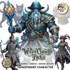 May include: Digital art featuring a wizard character pack with a pirate theme. The characters are dressed in blue and gold attire, holding staffs and swords. The image includes the text "Wizard Character Pack" and "Transparent Character".