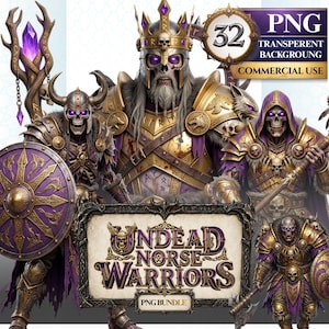 May include: A digital collection of 32 PNG images featuring undead Norse warriors in gold and purple armor with skull motifs, glowing purple eyes, and ornate weaponry. The central text reads UNDEAD NORSE WARRIORS PNG BUNDLE with a skull icon.