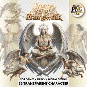 Puede incluir: Ilustración digital que presenta múltiples figuras angelicales con grandes alas blancas, vestidas con túnicas blancas y doradas. La imagen incluye el texto "Divine Angel Framework" y "53 Transparent Character" para juegos, merchandising y diseño digital.