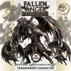 Puede incluir: Ilustración digital de un ángel caído con grandes alas negras, armadura detallada y una cadena. La imagen incluye el texto "FALLEN ANGEL FRAMEWORK" y "50 PNGS". La obra de arte está diseñada para juegos, merchandising y diseño digital.