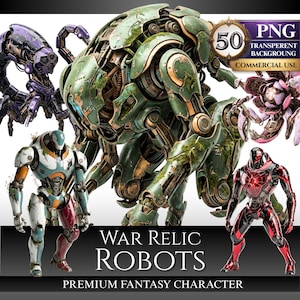 Peut inclure: Une collection d'illustrations numériques présentant cinq robots distincts, dont une grande créature mécanique verte usée, un robot scorpion violet, une machine florale rose et deux robots humanoïdes en armure rouge et blanche.