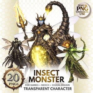 Puede incluir: Arte digital que presenta monstruos insectos con armaduras y alas detalladas. La imagen incluye una figura central con cola de escorpión, un guerrero con lanza y un arquero verde. El texto dice "INSECT MONSTER" y "20 PNGS".