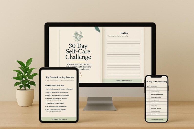 May include: A desktop computer, tablet, and smartphone display a self-care challenge. The computer screen shows the title "30 Day Self-Care Challenge" with a floral design. The tablet displays an evening routine, and the phone shows a list of self-care steps.