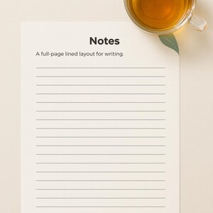 May include: A lined notepad with the word "Notes" at the top, and the text "A full-page lined layout for writing." A glass teacup with tea sits near the top. The bottom of the notepad reads "30-Day Self-Care Challenge."