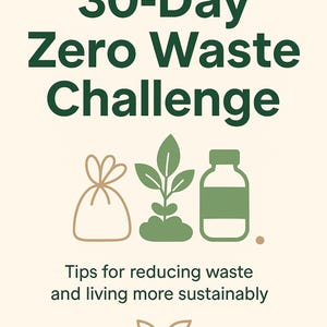 Può includere: Un poster beige con la scritta "30-Day Zero Waste Challenge" in verde scuro. Sotto, illustrazioni di una borsa riutilizzabile, una pianta e una bottiglia. È incluso anche il testo "Suggerimenti per ridurre i rifiuti e vivere in modo più sostenibile".