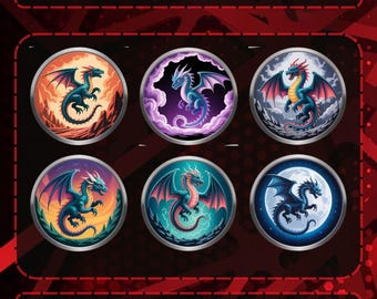 May include: A collection of six circular dragon badges with detailed illustrations. Each badge features a different dragon design against various backgrounds, including fiery landscapes and starry nights. The text "DRAGON BADGES 2" and "KICK | DISCORD | TWITCH" are displayed.