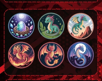May include: A collection of six circular dragon badges with various dragon designs. The badges feature dragons in different colors and settings, including a dragon with wings, a dragon with an egg, and a dragon in front of a mountain.