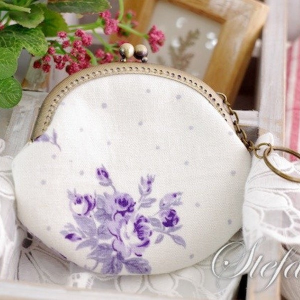 Small Coin Purse - Elegant Chic Purple Floral and Mini Dots On White