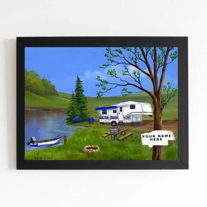 Impression personnalisée de scène de lac de camping-car, amateurs de camping-car, souvenirs de feu de camp, nom personnalisable, message, signe sur l'arbre, téléchargement numérique