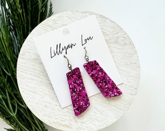 Bright Barbie pink leather earrings // sparkly holiday earrings // magenta sparkly earrings // bright pink earrings // magenta earrings