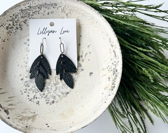 Black leather earrings // embossed leather // leather teardrop earrings // lightweight earrings // statement black earrings // leaf earrings