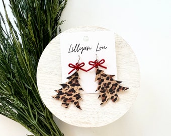 Modern holiday earrings // leather drop earrings // winter earrings // cheetah print // tree earrings // holiday tree // animal print