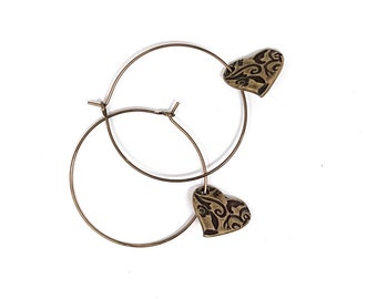 Gold heart earrings //gold dangle heart hoop earrings // heart hoop earrings // lightweight earrings // gold hoops