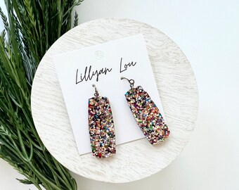 Sparkly leather earrings // holiday earrings // leather bar earrings // bar earrings // lightweight earrings // statement earrings //rainbow