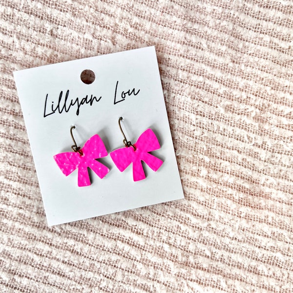 Bright Barbie pink leather earrings // holiday earrings // ribbon earrings // pink earrings // lightweight earrings // sparkly earrings