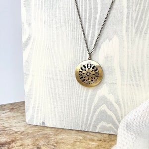 Long gold locket necklace // long locket // antique bronze necklace // gold round locket charm // essential oils necklace // minimalist