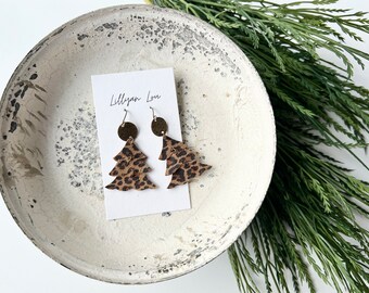 Modern holiday earrings // leather holiday earrings // winter earrings // cheetah print // tree earrings // holiday pattern //Christmas tree