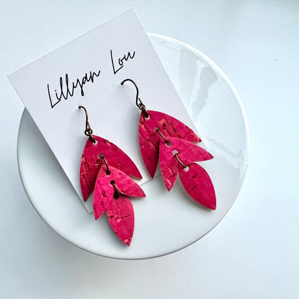 Leather teardrop earrings // bright pink leather earrings // tear drop earrings // lightweight earrings // pink leather // dark pink