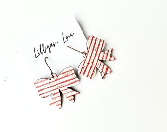 Striped leather earrings // holiday earrings // ribbon earrings // bow earrings // lightweight earrings // statement earrings //red earrings