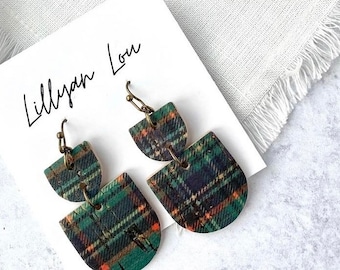 Green plaid earrings // leather earrings // plaid pattern // printed leather // lightweight earrings // statement earrings